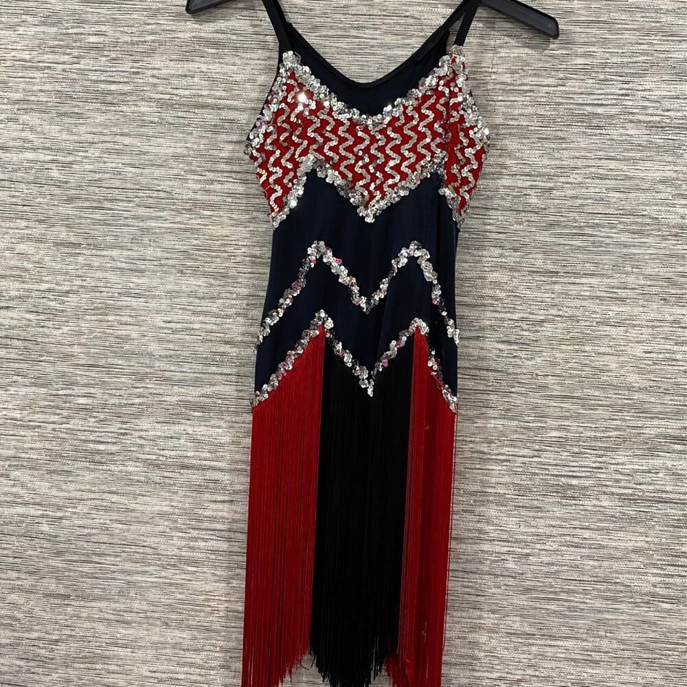 Beaded Fringe Cocktail Dress in Red and Black